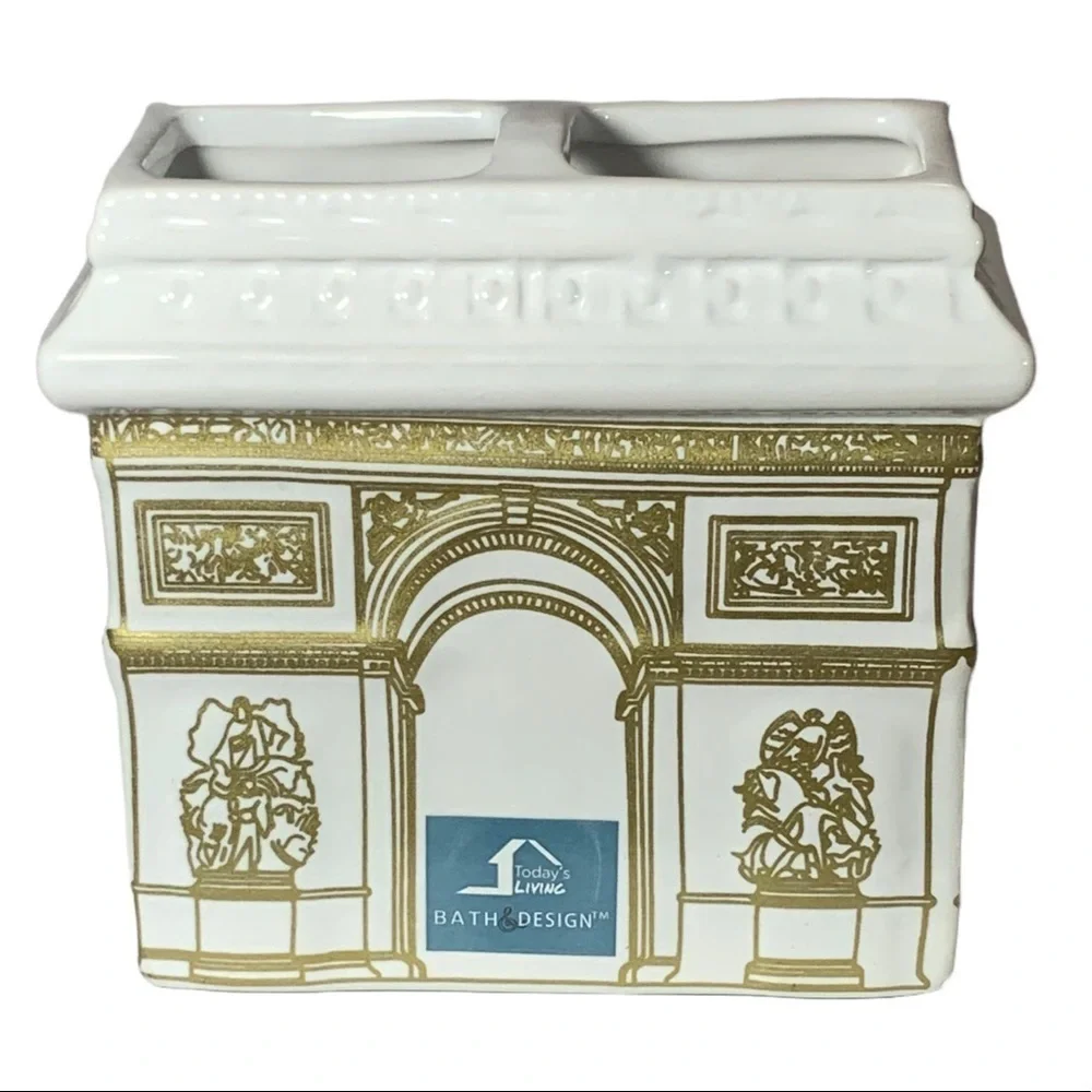 Paris Toothbrush Holder Arc de Triomphe Parisian French Ceramic Decor White Gold